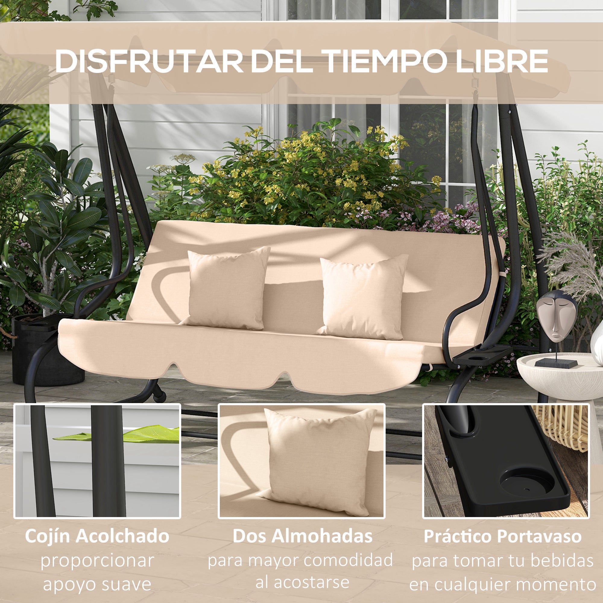 3-Seater Outdoor Garden Swing 2 in 1 Bed Swing with Adjustable Canopy Side Trays and Pillows for Balcony Terrace Patio Load 340 kg 200x120x164 cm Sand