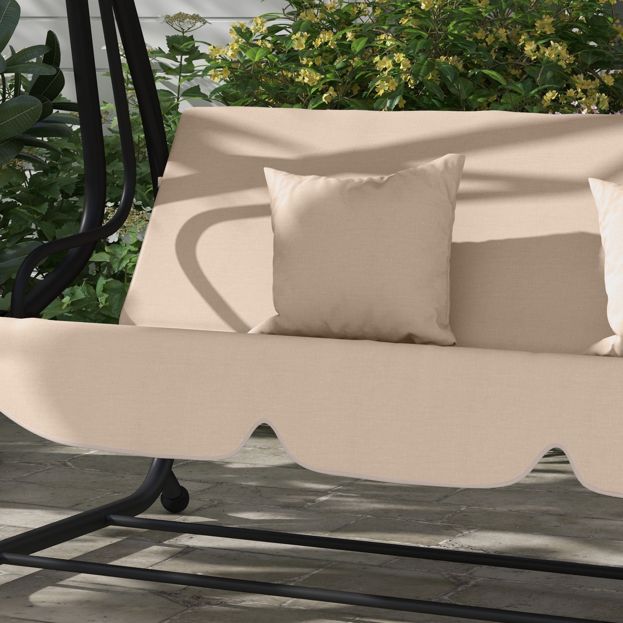 3-Seater Outdoor Garden Swing 2 in 1 Bed Swing with Adjustable Canopy Side Trays and Pillows for Balcony Terrace Patio Load 340 kg 200x120x164 cm Sand