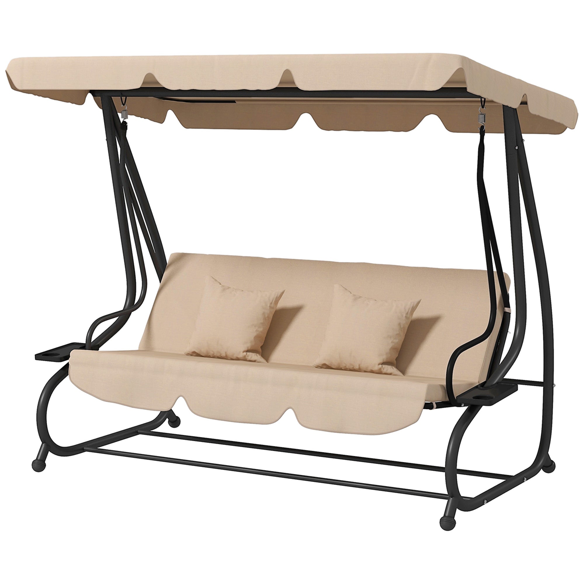 3-Seater Outdoor Garden Swing 2 in 1 Bed Swing with Adjustable Canopy Side Trays and Pillows for Balcony Terrace Patio Load 340 kg 200x120x164 cm Sand
