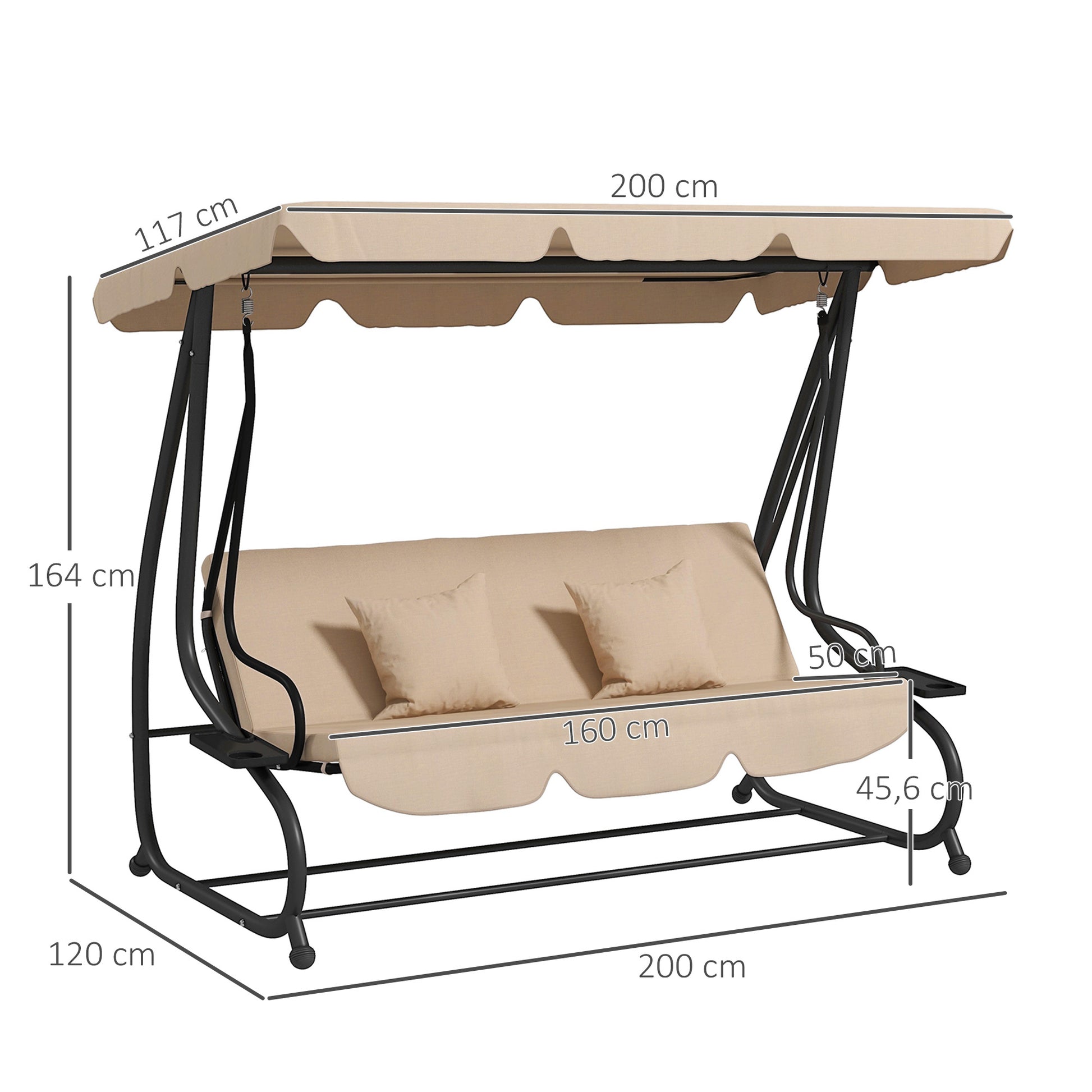 3-Seater Outdoor Garden Swing 2 in 1 Bed Swing with Adjustable Canopy Side Trays and Pillows for Balcony Terrace Patio Load 340 kg 200x120x164 cm Sand