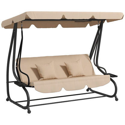 3-Seater Outdoor Garden Swing 2 in 1 Bed Swing with Adjustable Canopy Side Trays and Pillows for Balcony Terrace Patio Load 340 kg 200x120x164 cm Sand