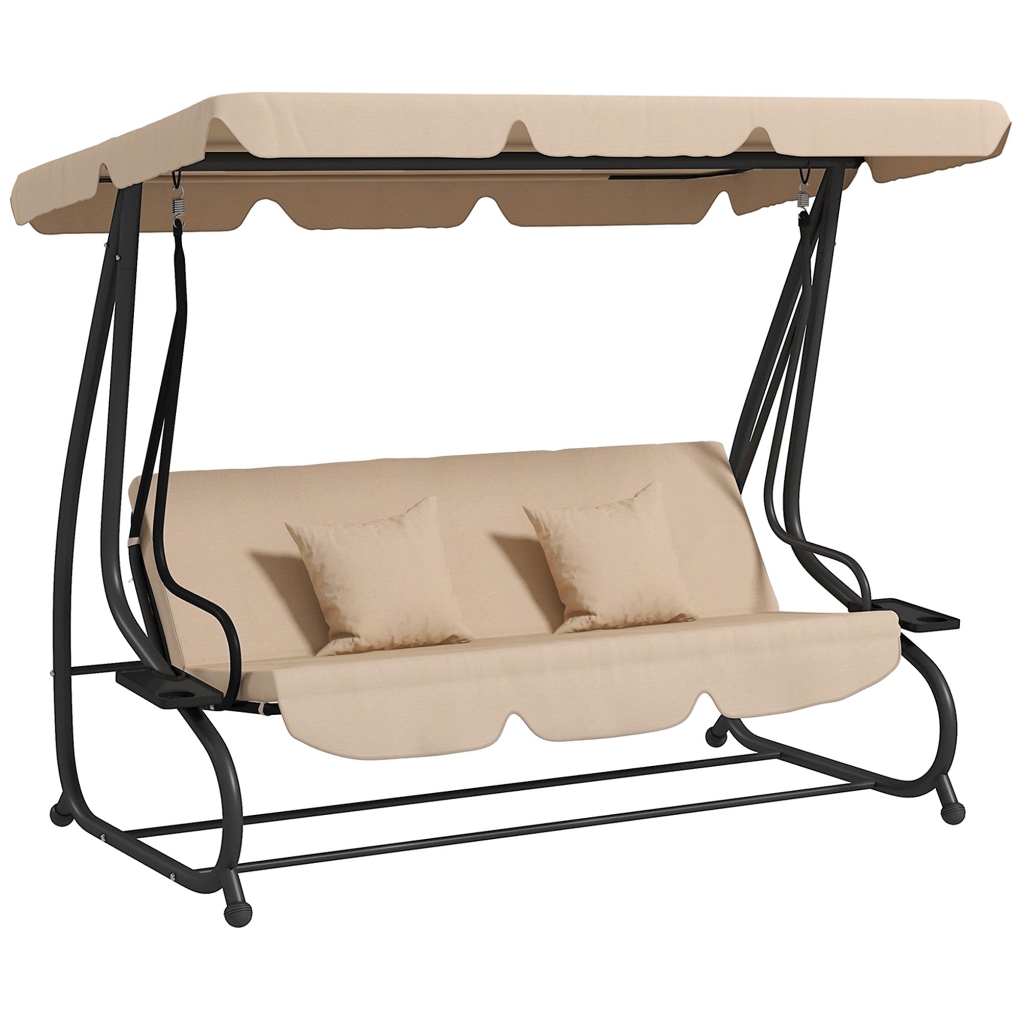 3-Seater Outdoor Garden Swing 2 in 1 Bed Swing with Adjustable Canopy Side Trays and Pillows for Balcony Terrace Patio Load 340 kg 200x120x164 cm Sand
