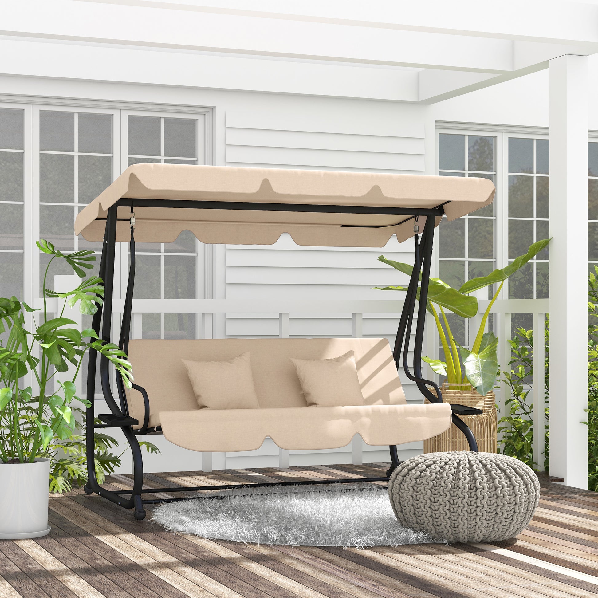 3-Seater Outdoor Garden Swing 2 in 1 Bed Swing with Adjustable Canopy Side Trays and Pillows for Balcony Terrace Patio Load 340 kg 200x120x164 cm Sand