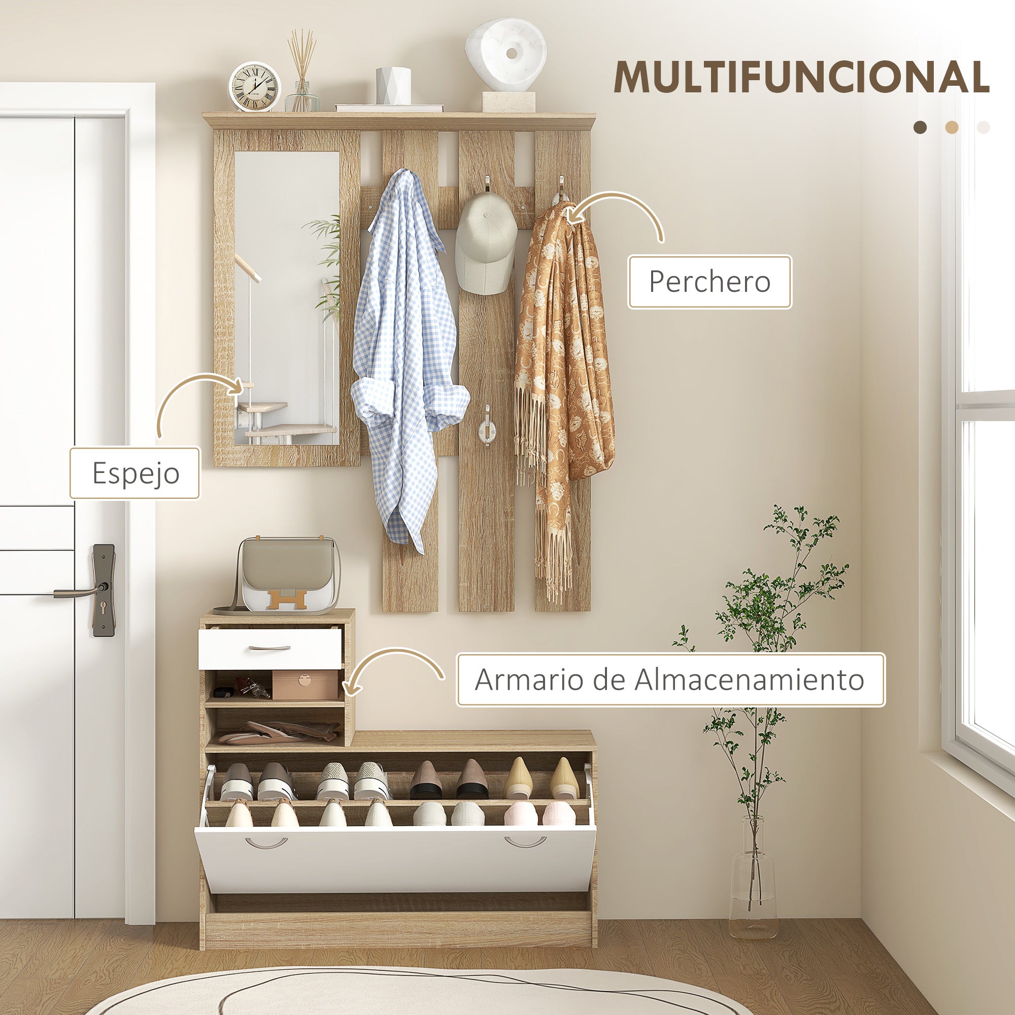 Entryway Organizer with Mirror Coat Rack and Shoe Cabinet 2-Piece Entryway Furniture with 6 Hooks Shelves and Flip-Up Drawer for Natural Hallway