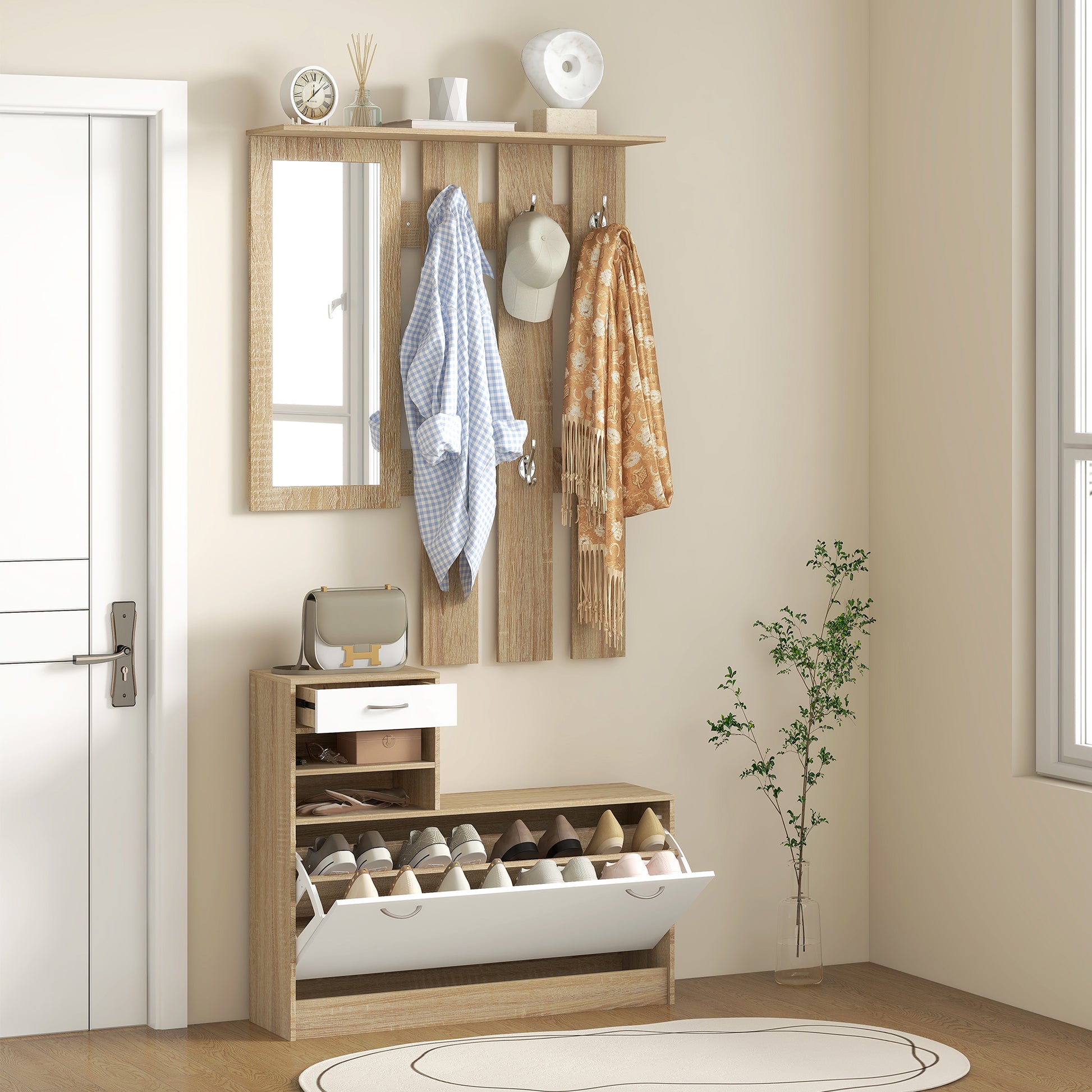 Entryway Organizer with Mirror Coat Rack and Shoe Cabinet 2-Piece Entryway Furniture with 6 Hooks Shelves and Flip-Up Drawer for Natural Hallway