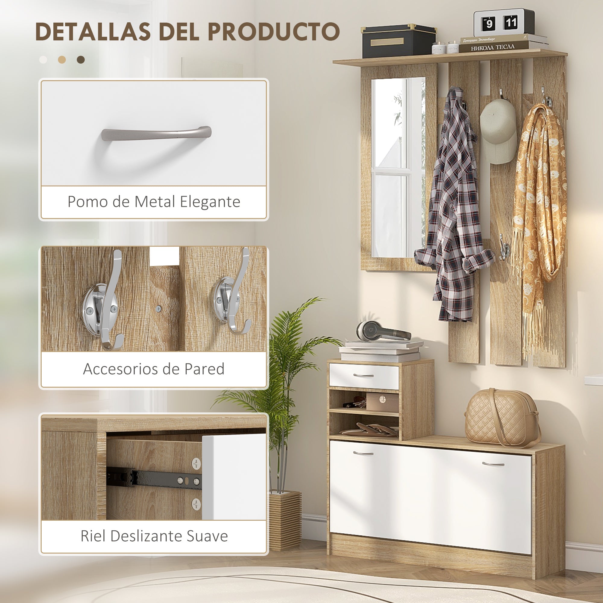 Entryway Organizer with Mirror Coat Rack and Shoe Cabinet 2-Piece Entryway Furniture with 6 Hooks Shelves and Flip-Up Drawer for Natural Hallway