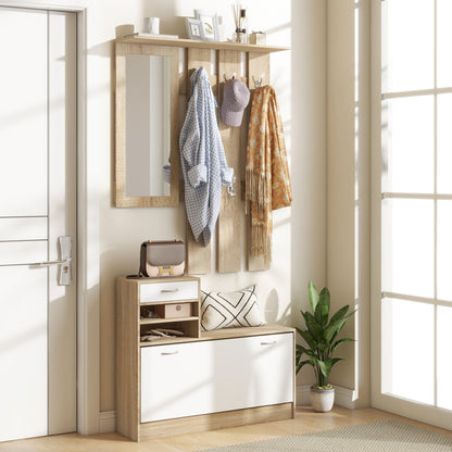 Entryway Organizer with Mirror Coat Rack and Shoe Cabinet 2-Piece Entryway Furniture with 6 Hooks Shelves and Flip-Up Drawer for Natural Hallway
