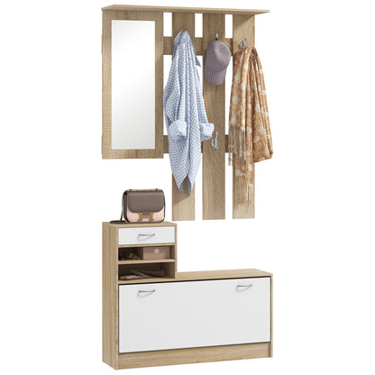 Entryway Organizer with Mirror Coat Rack and Shoe Cabinet 2-Piece Entryway Furniture with 6 Hooks Shelves and Flip-Up Drawer for Natural Hallway
