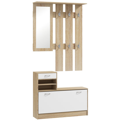 Entryway Organizer with Mirror Coat Rack and Shoe Cabinet 2-Piece Entryway Furniture with 6 Hooks Shelves and Flip-Up Drawer for Natural Hallway