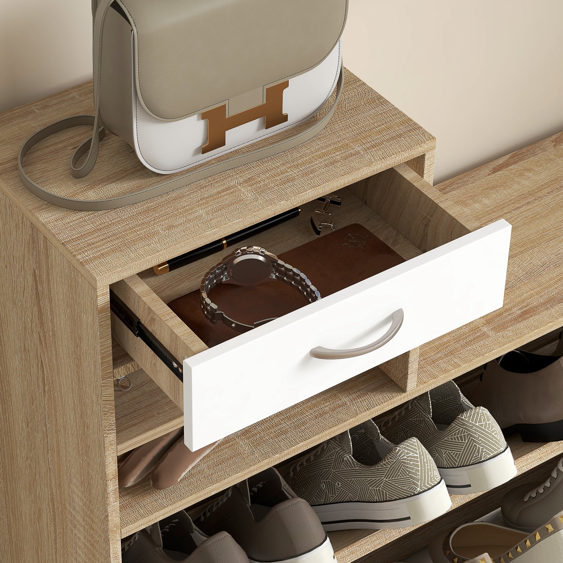Entryway Organizer with Mirror Coat Rack and Shoe Cabinet 2-Piece Entryway Furniture with 6 Hooks Shelves and Flip-Up Drawer for Natural Hallway