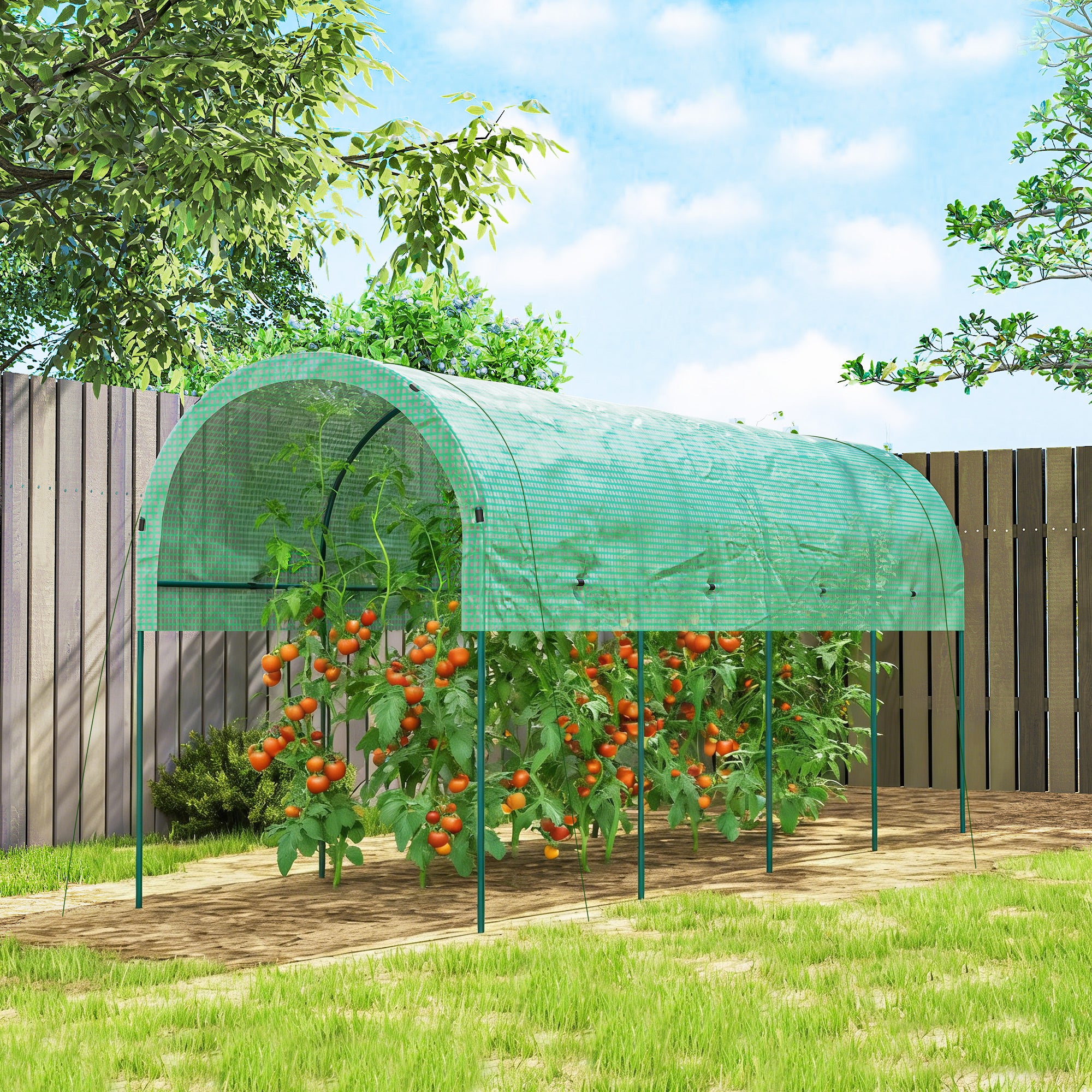 Winter Film Greenhouse with Arched Roof — Steel Frame & Ground Anchors, Slot-Together Open Tunnel, 400 x 120 x 170 cm (13.1 x 3.9 x 5.6 ft), Green