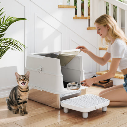 XL Stainless Steel Covered Cat Litter Box with Scoop & Deodorizer — Light Gray