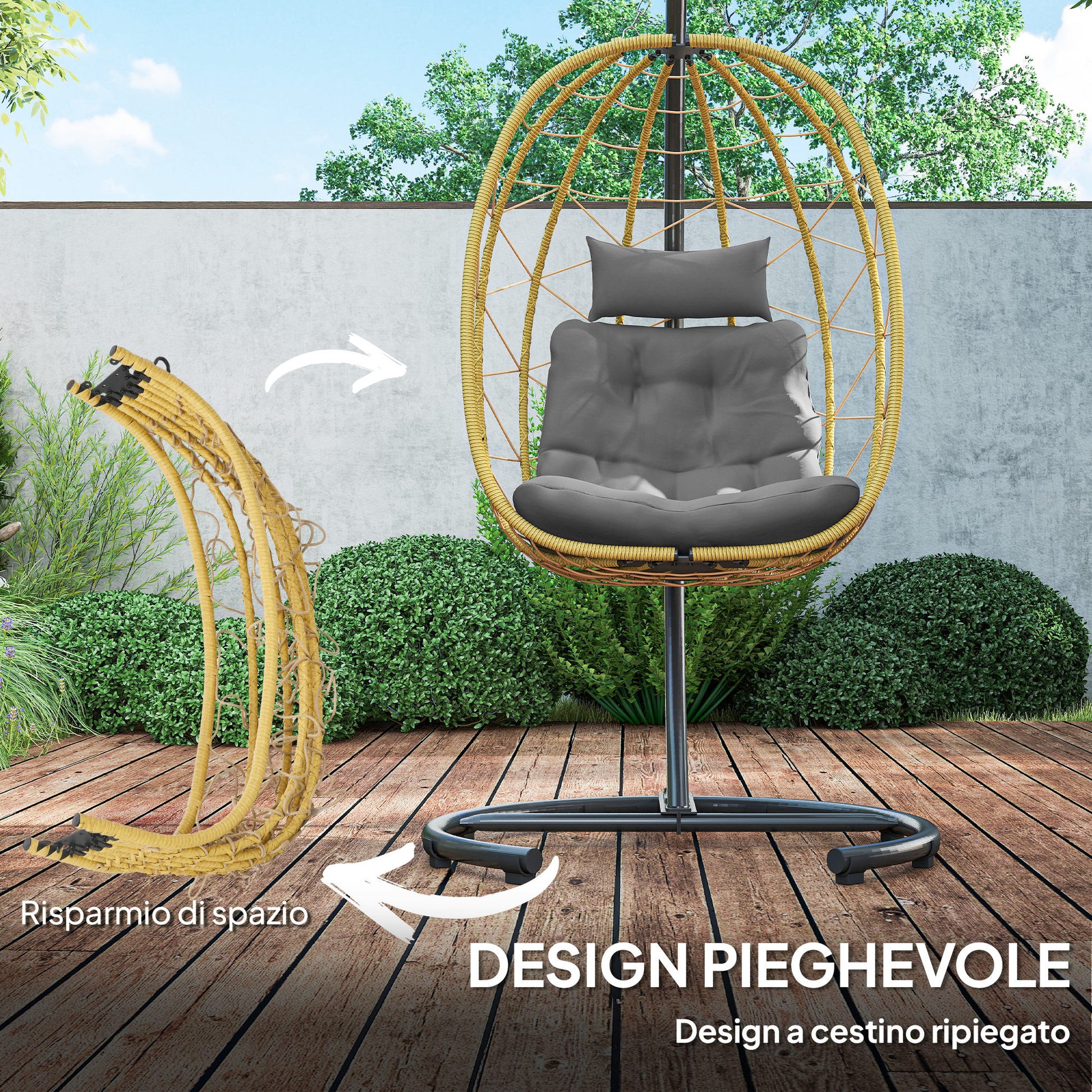 Hanging Armchair 150kg max with Foldable Basket and Cushions, Garden Rocking Armchair in Steel and PE Rattan, 102x102x195 cm, Black Gray and Beige