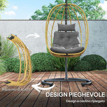 Hanging Armchair 150kg max with Foldable Basket and Cushions, Garden Rocking Armchair in Steel and PE Rattan, 102x102x195 cm, Black Gray and Beige