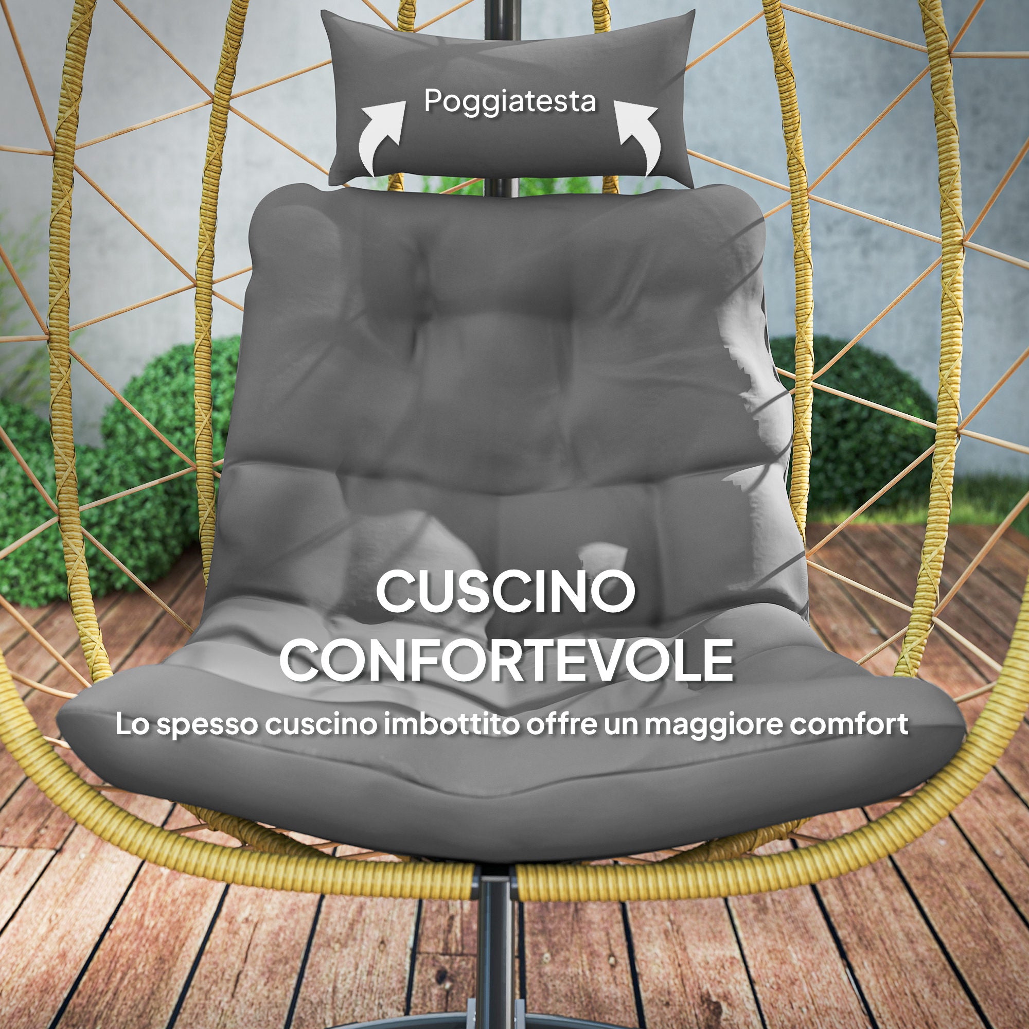 Hanging Armchair 150kg max with Foldable Basket and Cushions, Garden Rocking Armchair in Steel and PE Rattan, 102x102x195 cm, Black Gray and Beige