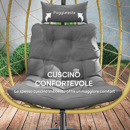 Hanging Armchair 150kg max with Foldable Basket and Cushions, Garden Rocking Armchair in Steel and PE Rattan, 102x102x195 cm, Black Gray and Beige