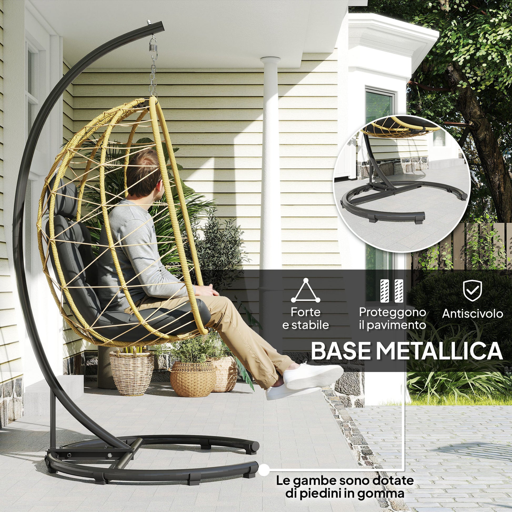 Hanging Armchair 150kg max with Foldable Basket and Cushions, Garden Rocking Armchair in Steel and PE Rattan, 102x102x195 cm, Black Gray and Beige