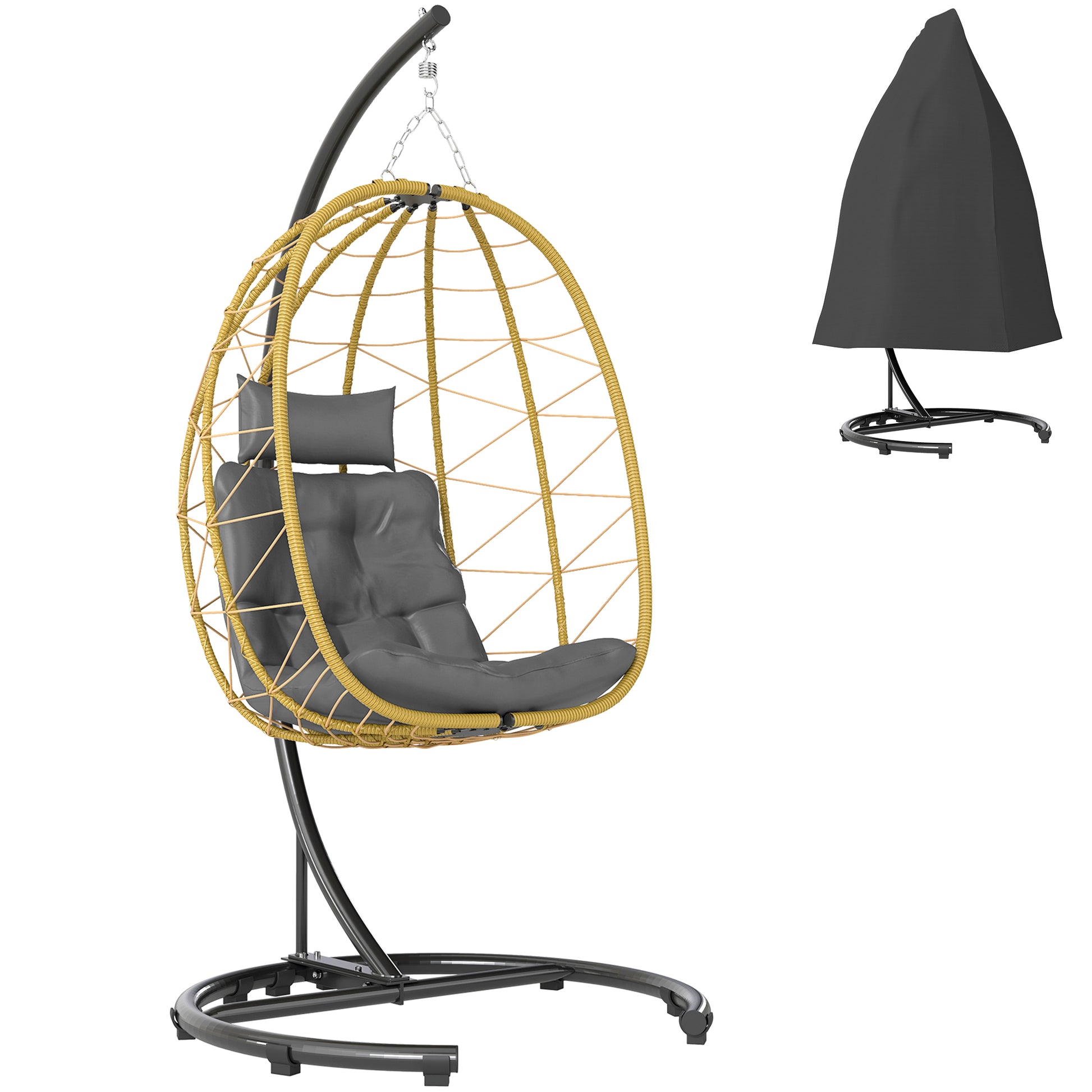 Hanging Armchair 150kg max with Foldable Basket and Cushions, Garden Rocking Armchair in Steel and PE Rattan, 102x102x195 cm, Black Gray and Beige