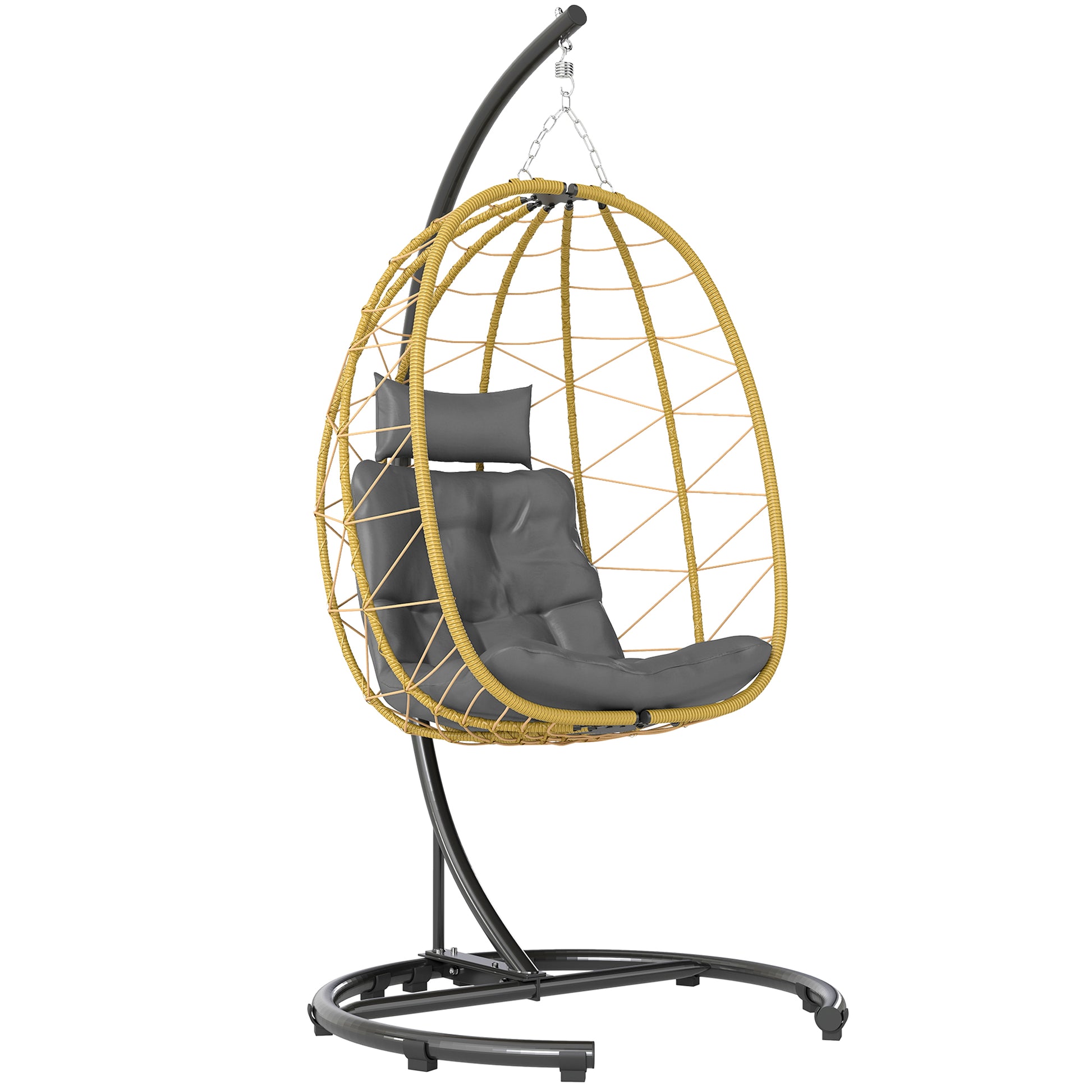 Hanging Armchair 150kg max with Foldable Basket and Cushions, Garden Rocking Armchair in Steel and PE Rattan, 102x102x195 cm, Black Gray and Beige