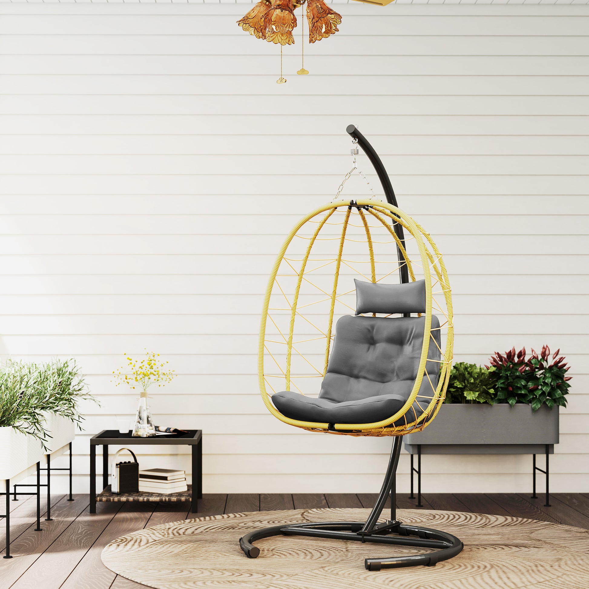 Hanging Armchair 150kg max with Foldable Basket and Cushions, Garden Rocking Armchair in Steel and PE Rattan, 102x102x195 cm, Black Gray and Beige