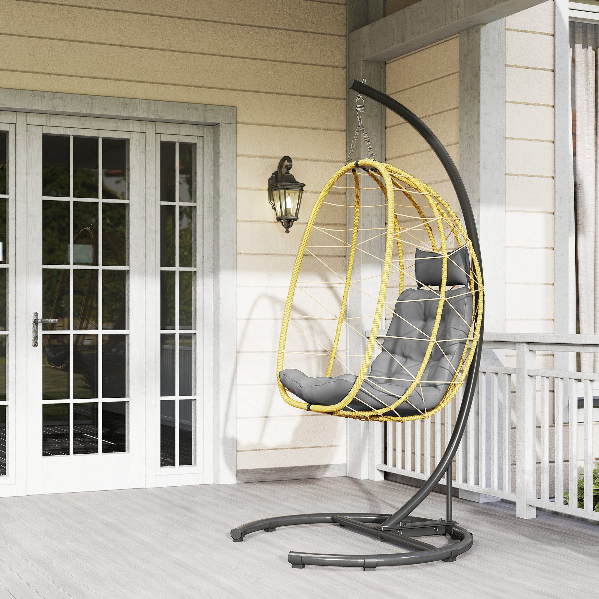 Hanging Armchair 150kg max with Foldable Basket and Cushions, Garden Rocking Armchair in Steel and PE Rattan, 102x102x195 cm, Black Gray and Beige
