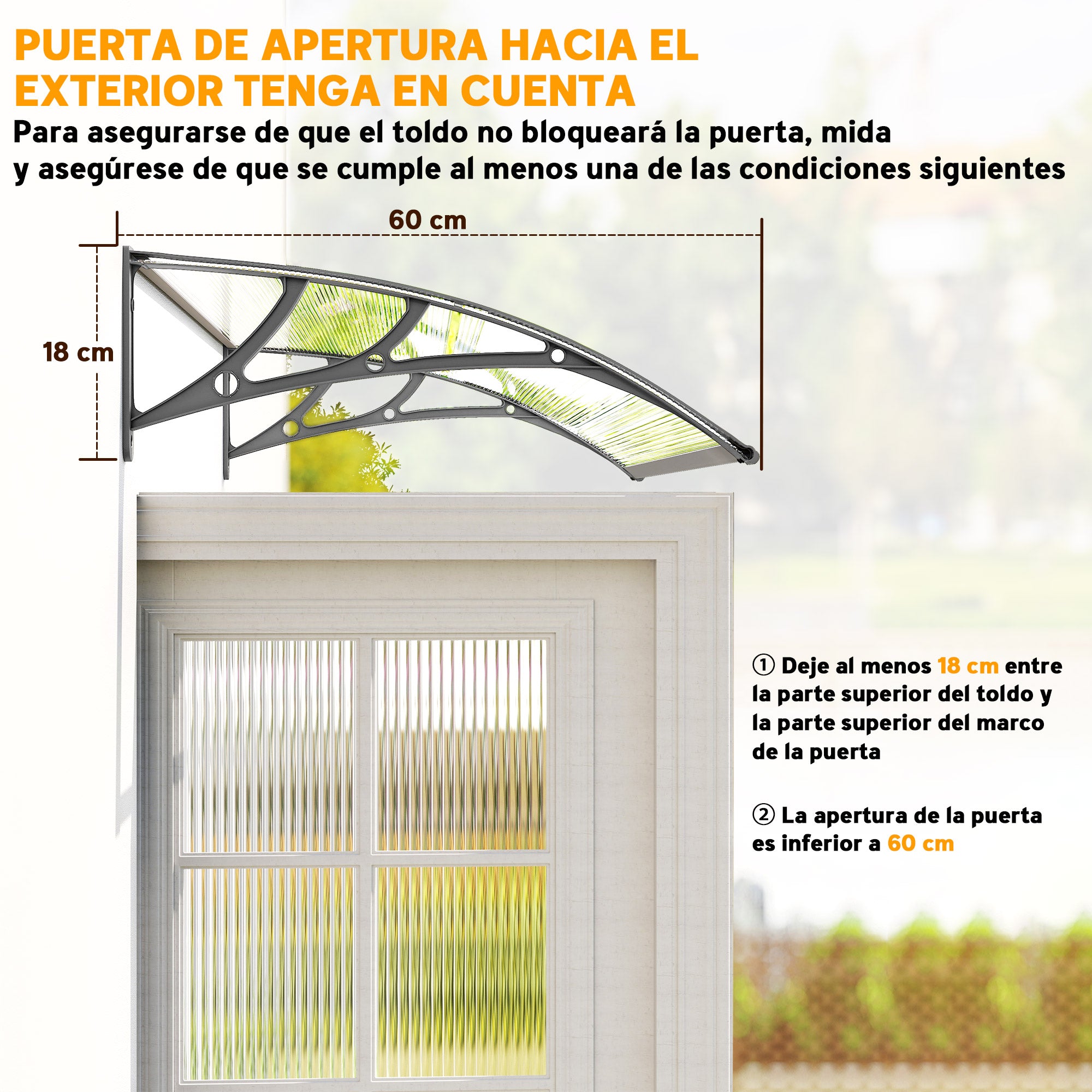110x60 cm Transparent Polycarbonate Canopy Awning for Doors and Windows against Sun and Rain with PP Plastic Support