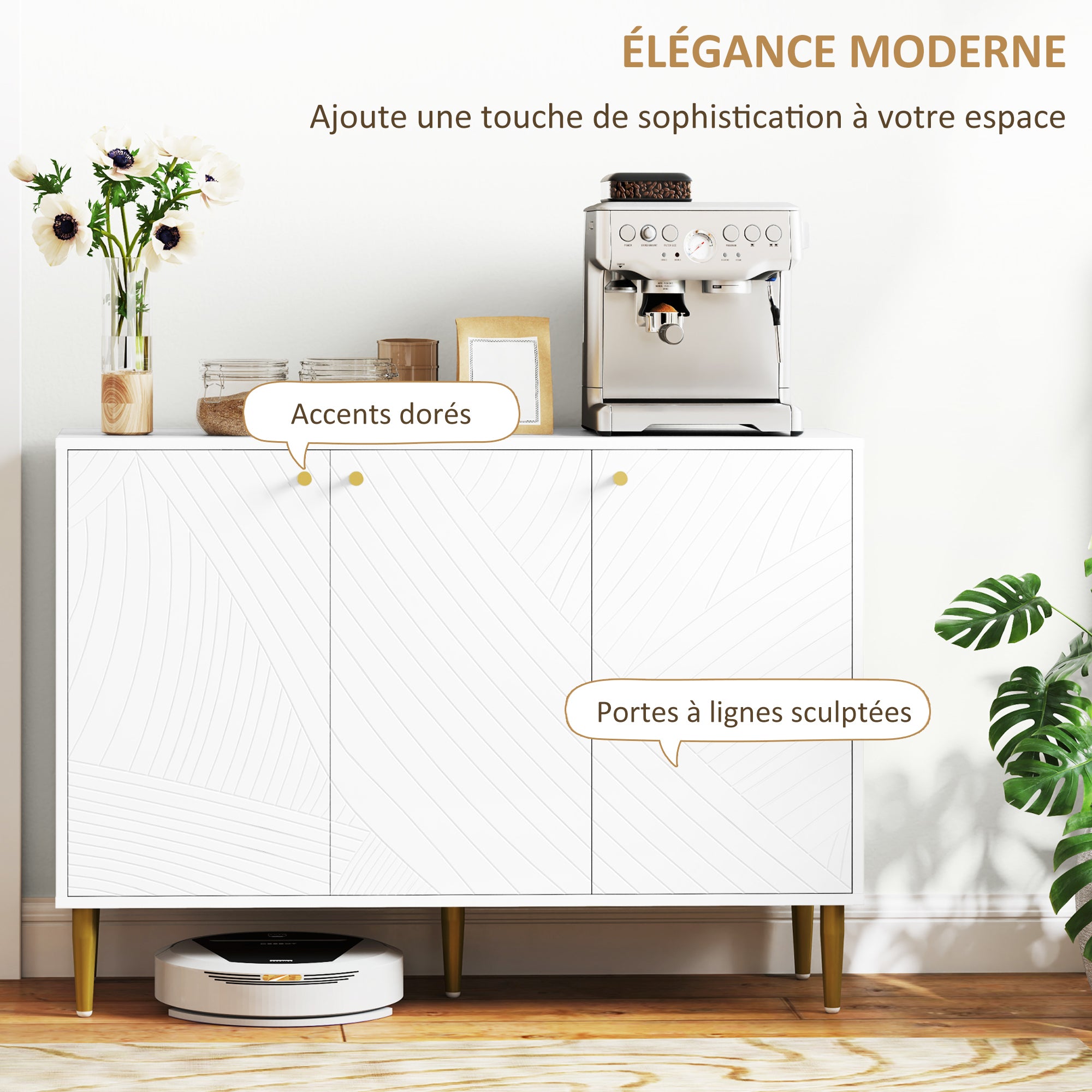 Sideboard, storage unit, with 2 cupboards, 3 doors with sculpted lines, adjustable shelves, golden steel feet, white