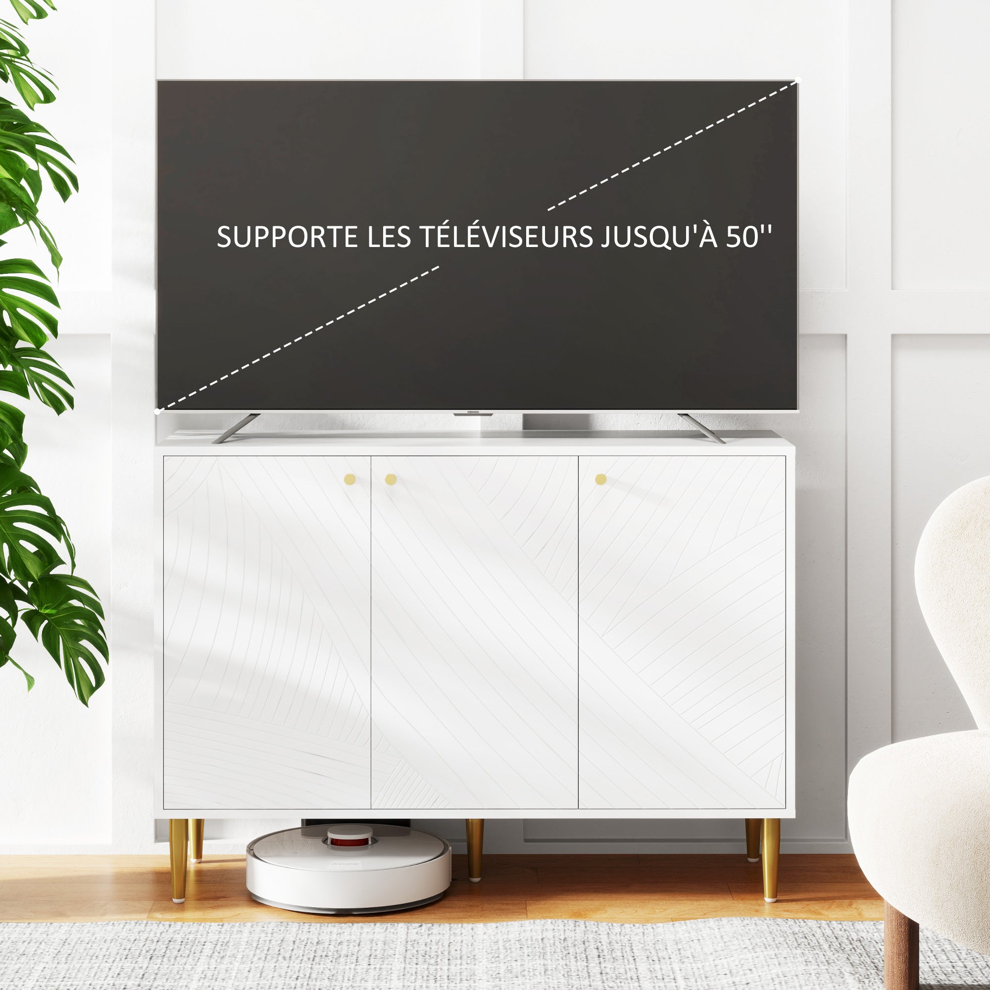 Sideboard, storage unit, with 2 cupboards, 3 doors with sculpted lines, adjustable shelves, golden steel feet, white