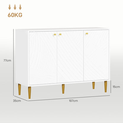 Sideboard, storage unit, with 2 cupboards, 3 doors with sculpted lines, adjustable shelves, golden steel feet, white