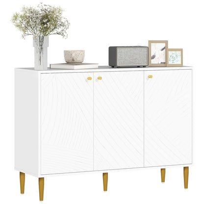 Sideboard, storage unit, with 2 cupboards, 3 doors with sculpted lines, adjustable shelves, golden steel feet, white