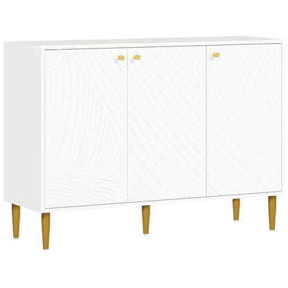 Sideboard, storage unit, with 2 cupboards, 3 doors with sculpted lines, adjustable shelves, golden steel feet, white