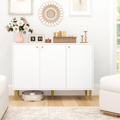 Sideboard, storage unit, with 2 cupboards, 3 doors with sculpted lines, adjustable shelves, golden steel feet, white