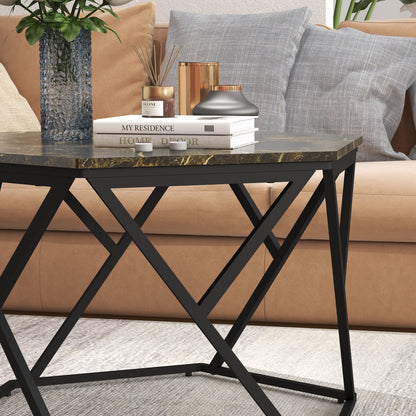 Modern Coffee Table with Faux Marble Top and MDF and Steel Structure, 81x70x51.2cm, Black
