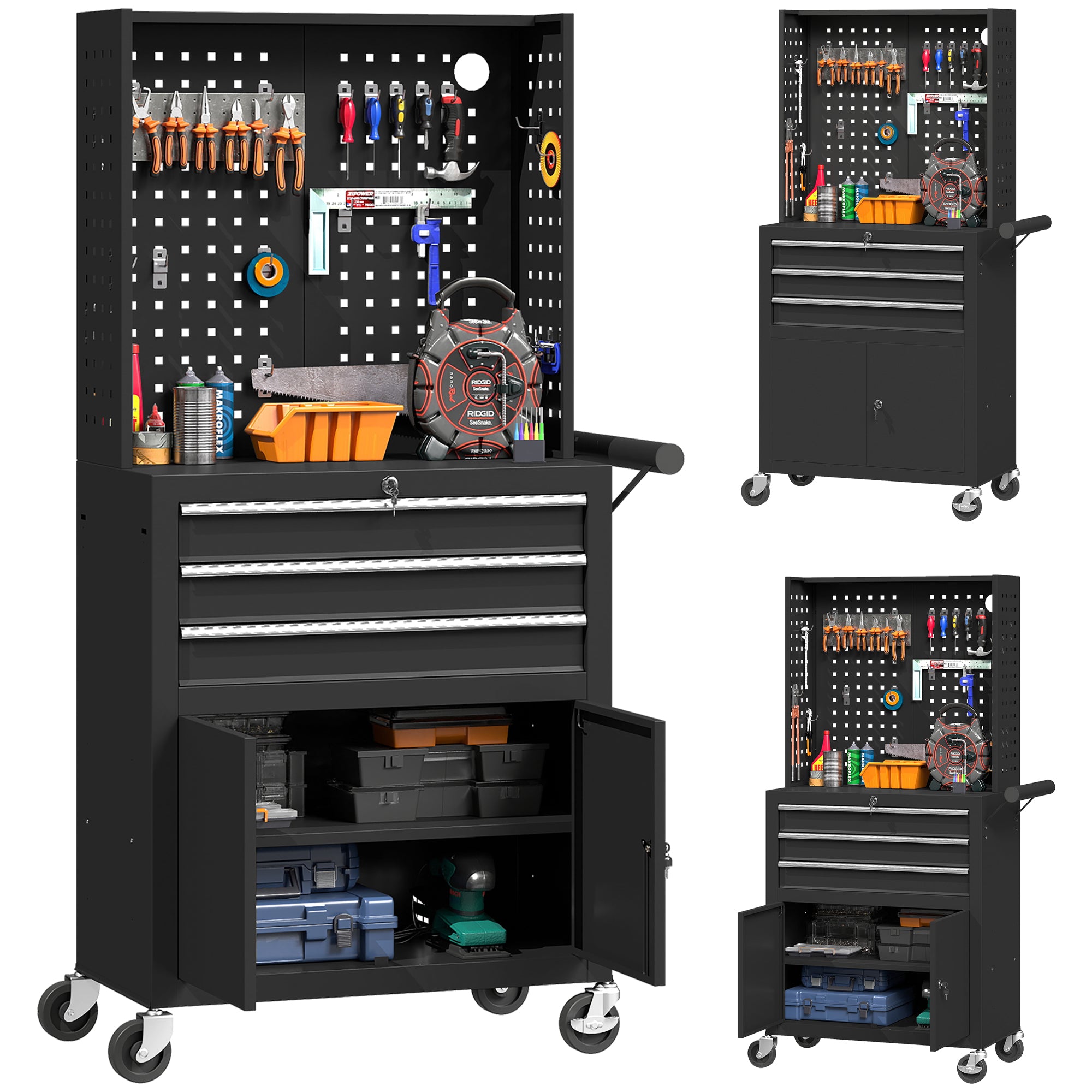 3-Drawer Steel Workshop Cart with Lockable Wheels, Adjustable Shelf & Pegboard - Black