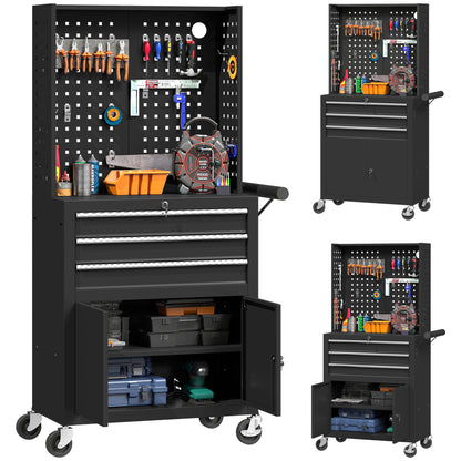 3-Drawer Steel Workshop Cart with Lockable Wheels, Adjustable Shelf & Pegboard - Black