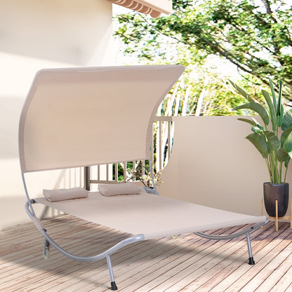 2-Seater Garden Sun Lounger Contemporary Design Adjustable Roof 2 Wheels 2 Pillows Epoxy-Coated Steel Polyester Sand