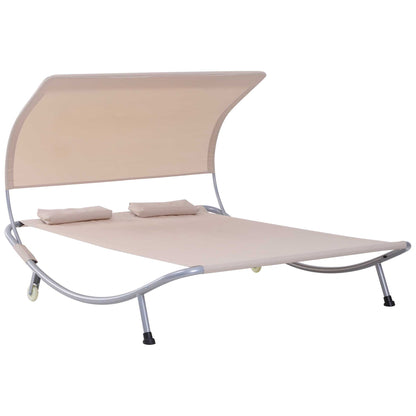 2-Seater Garden Sun Lounger Contemporary Design Adjustable Roof 2 Wheels 2 Pillows Epoxy-Coated Steel Polyester Sand
