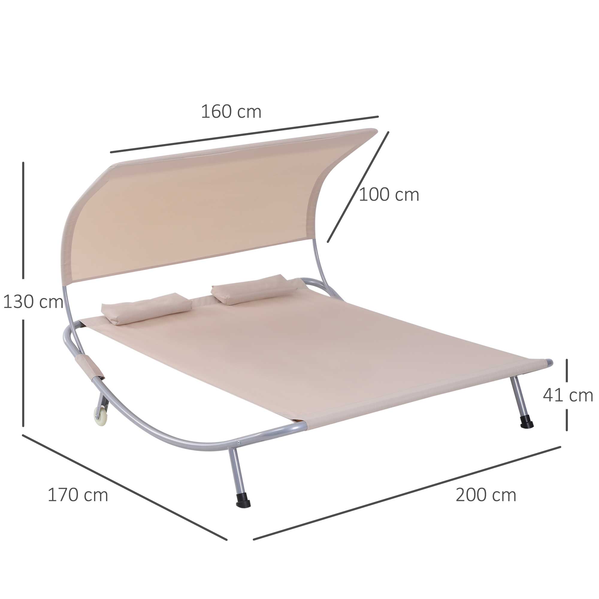 2-Seater Garden Sun Lounger Contemporary Design Adjustable Roof 2 Wheels 2 Pillows Epoxy-Coated Steel Polyester Sand