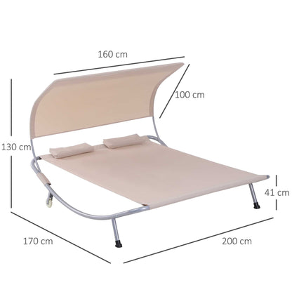 2-Seater Garden Sun Lounger Contemporary Design Adjustable Roof 2 Wheels 2 Pillows Epoxy-Coated Steel Polyester Sand