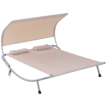2-Seater Garden Sun Lounger Contemporary Design Adjustable Roof 2 Wheels 2 Pillows Epoxy-Coated Steel Polyester Sand