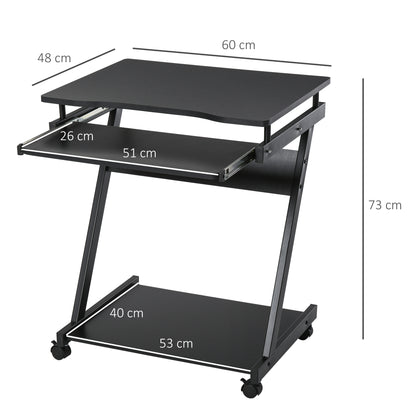 Rolling Computer Desk - Mobile Desk - Computer Table - Sliding Keyboard Shelf + Shelf - Black