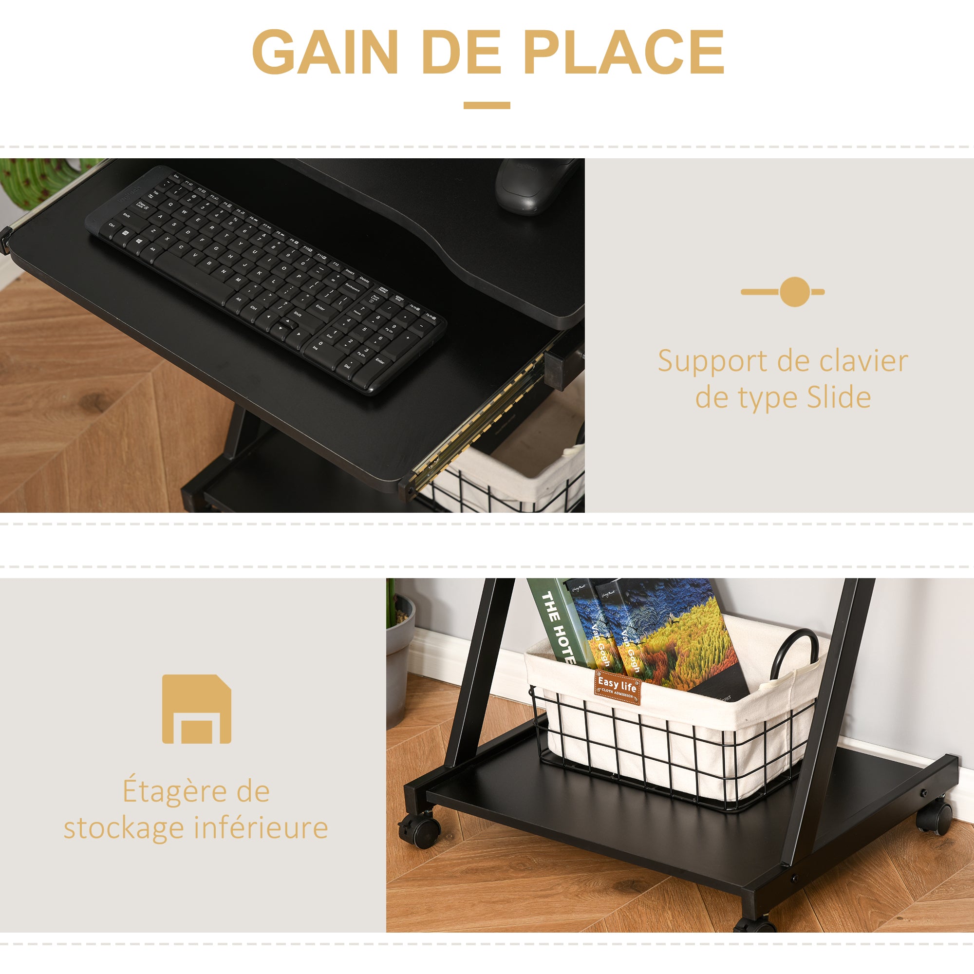 Rolling Computer Desk - Mobile Desk - Computer Table - Sliding Keyboard Shelf + Shelf - Black