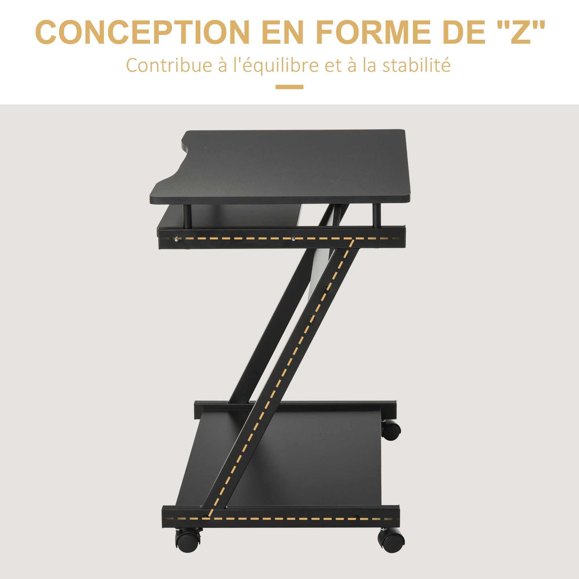 Rolling Computer Desk - Mobile Desk - Computer Table - Sliding Keyboard Shelf + Shelf - Black
