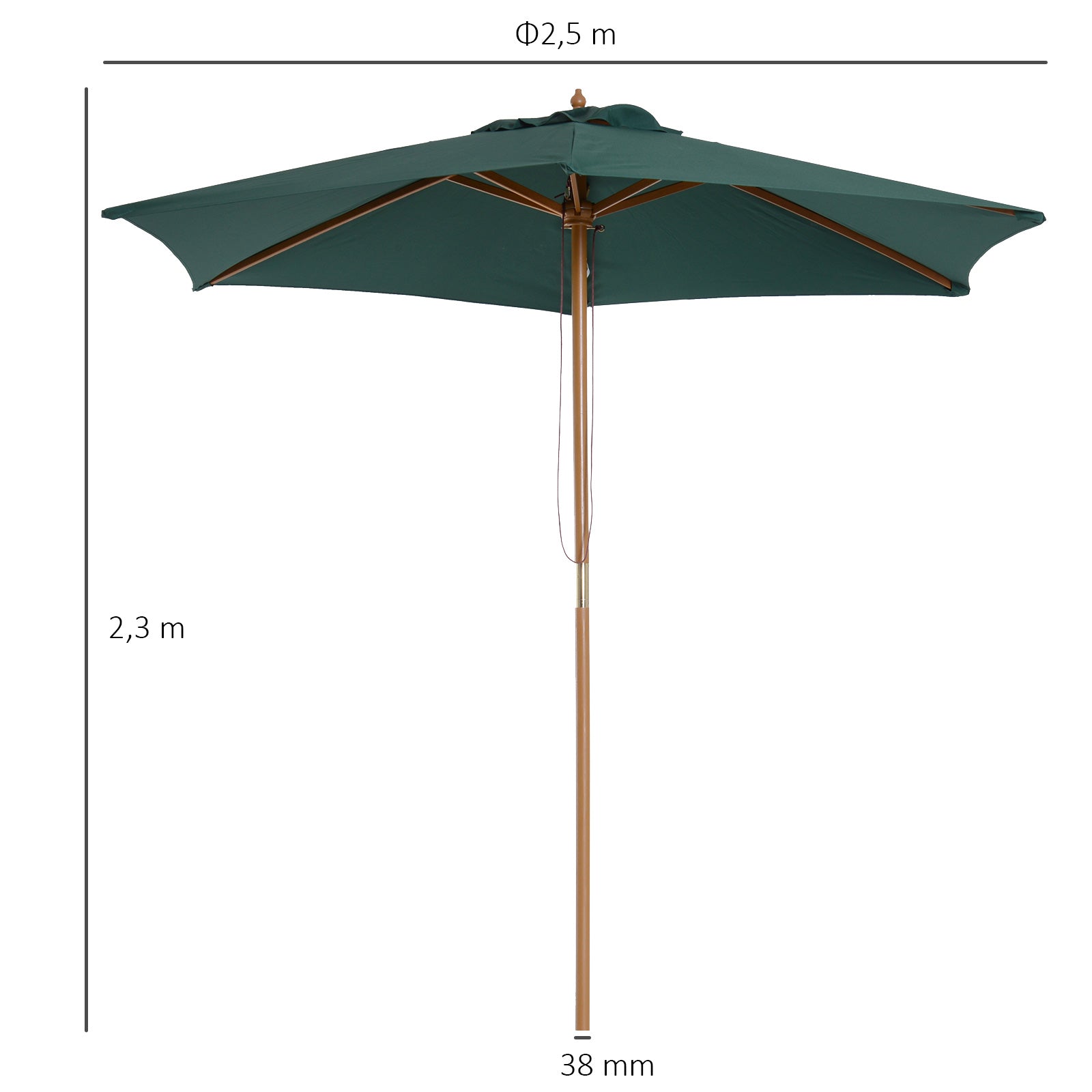 Garden Umbrella Ø250x230 cm Terrace Parasol with 6 Detachable Post Anti-UV Waterproof and Wooden Frame for Beach Patio Green