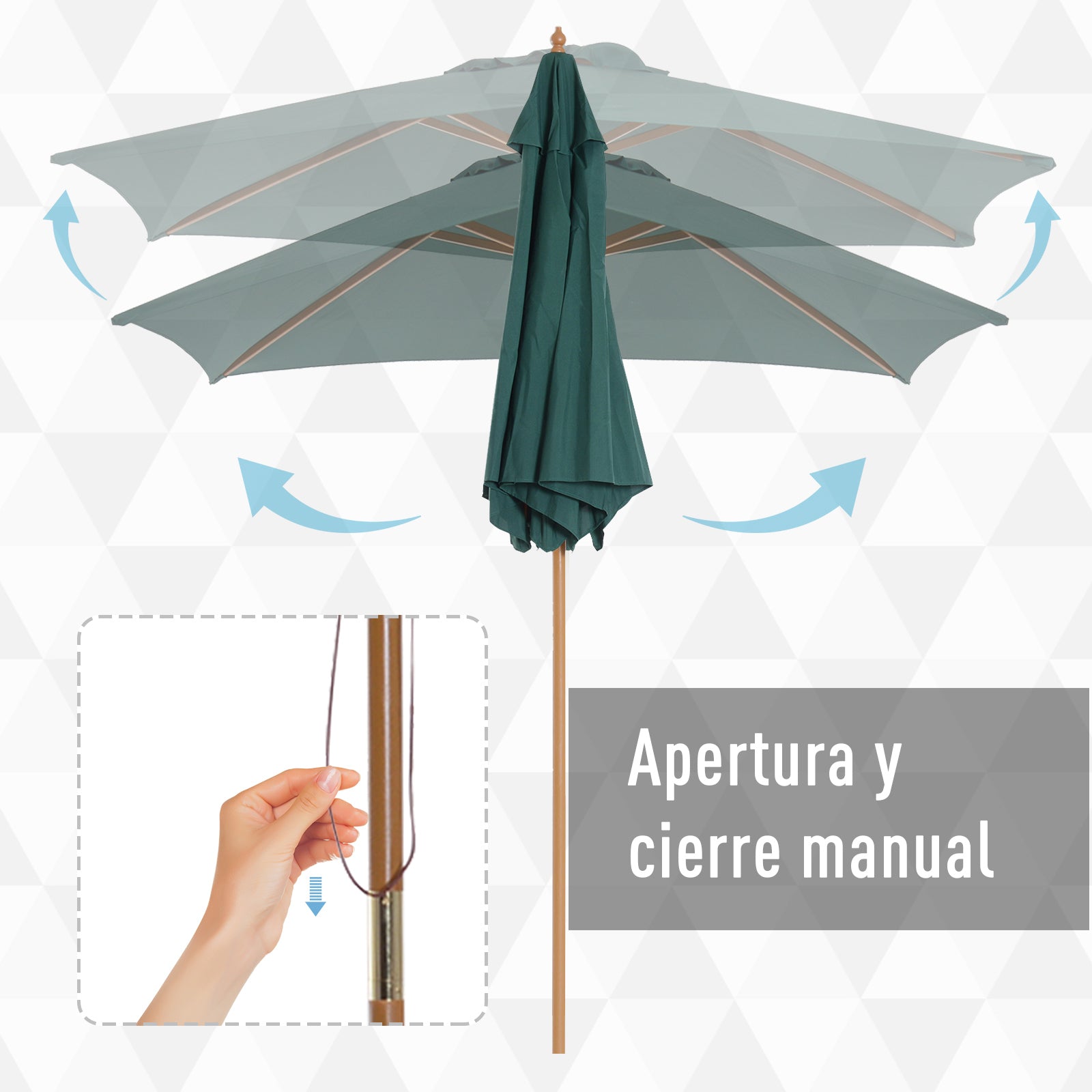 Garden Umbrella Ø250x230 cm Terrace Parasol with 6 Detachable Post Anti-UV Waterproof and Wooden Frame for Beach Patio Green