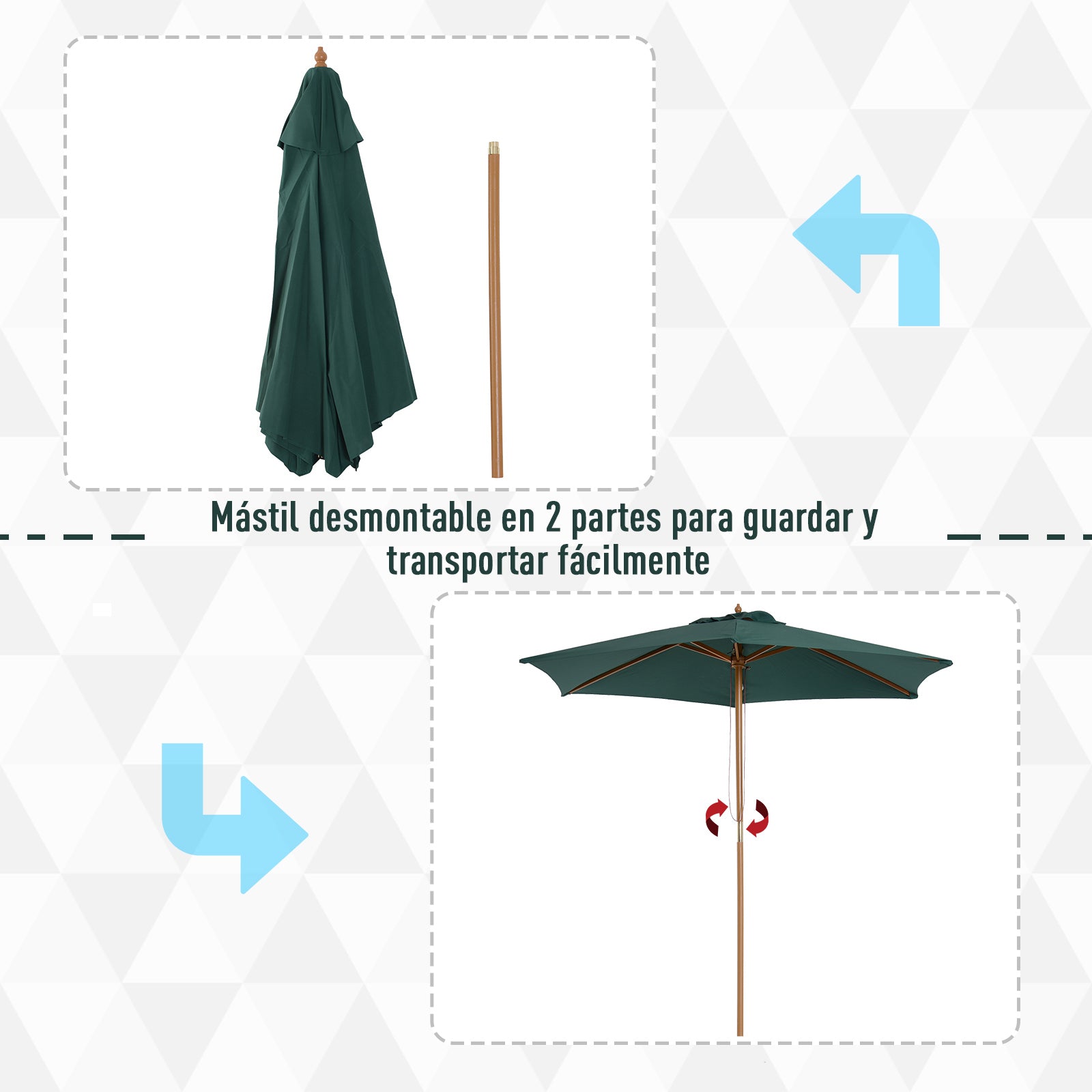 Garden Umbrella Ø250x230 cm Terrace Parasol with 6 Detachable Post Anti-UV Waterproof and Wooden Frame for Beach Patio Green