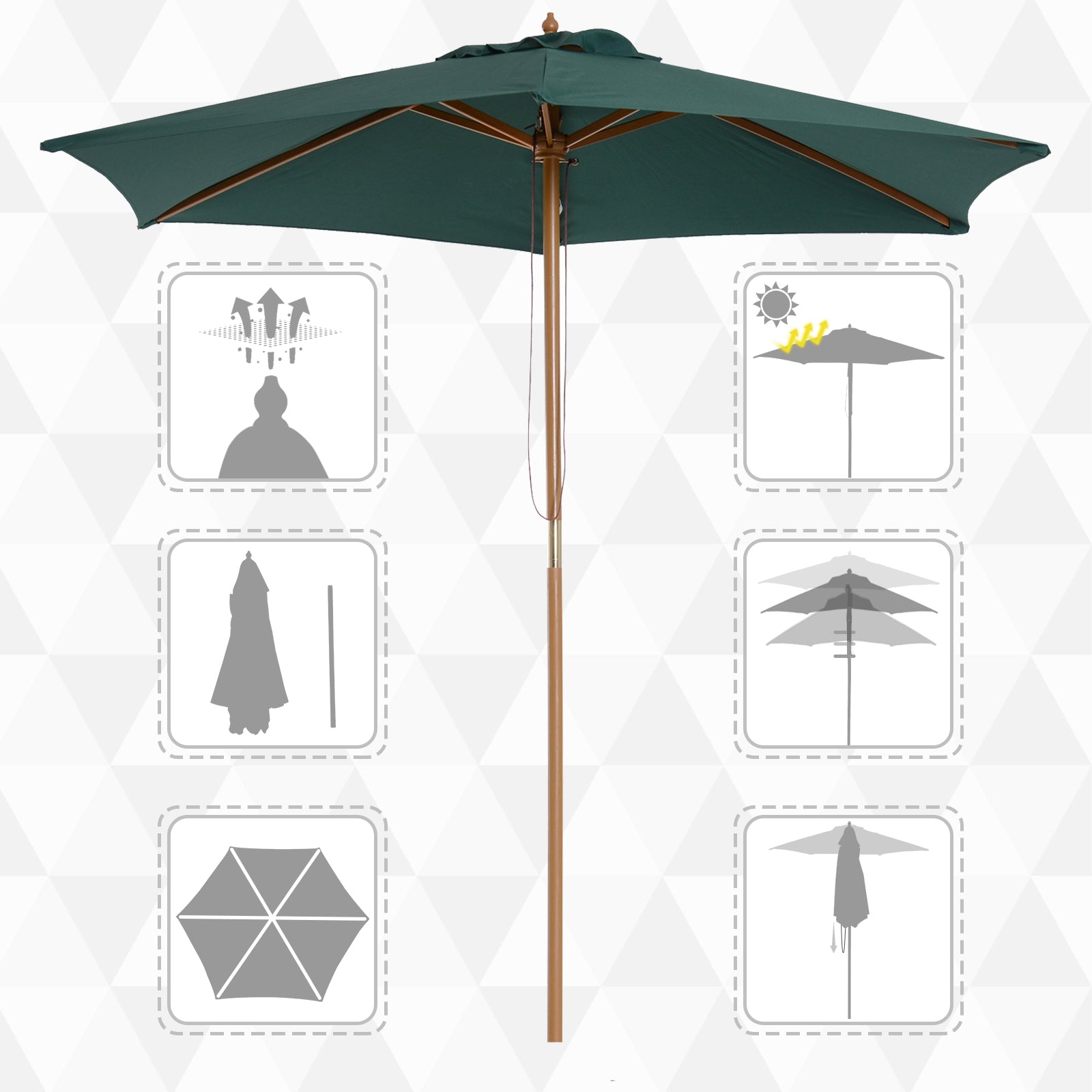 Garden Umbrella Ø250x230 cm Terrace Parasol with 6 Detachable Post Anti-UV Waterproof and Wooden Frame for Beach Patio Green