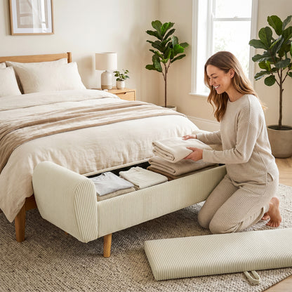 73 L Storage Bench, 59 x 17.7 x 20 in (150 x 45 x 51 cm), Upholstered Corduroy Velvet with Armrests and Hevea Wood Legs, Beige