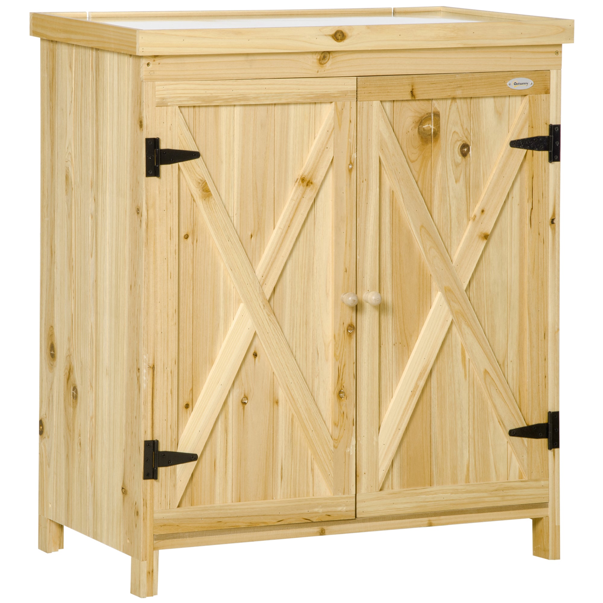 Garden Cabinet, Garden Storage Cabinet, with galvanized metal worktop double door shelf with handle solid wood raised feet 80 x 45 x 92 cm natural wood