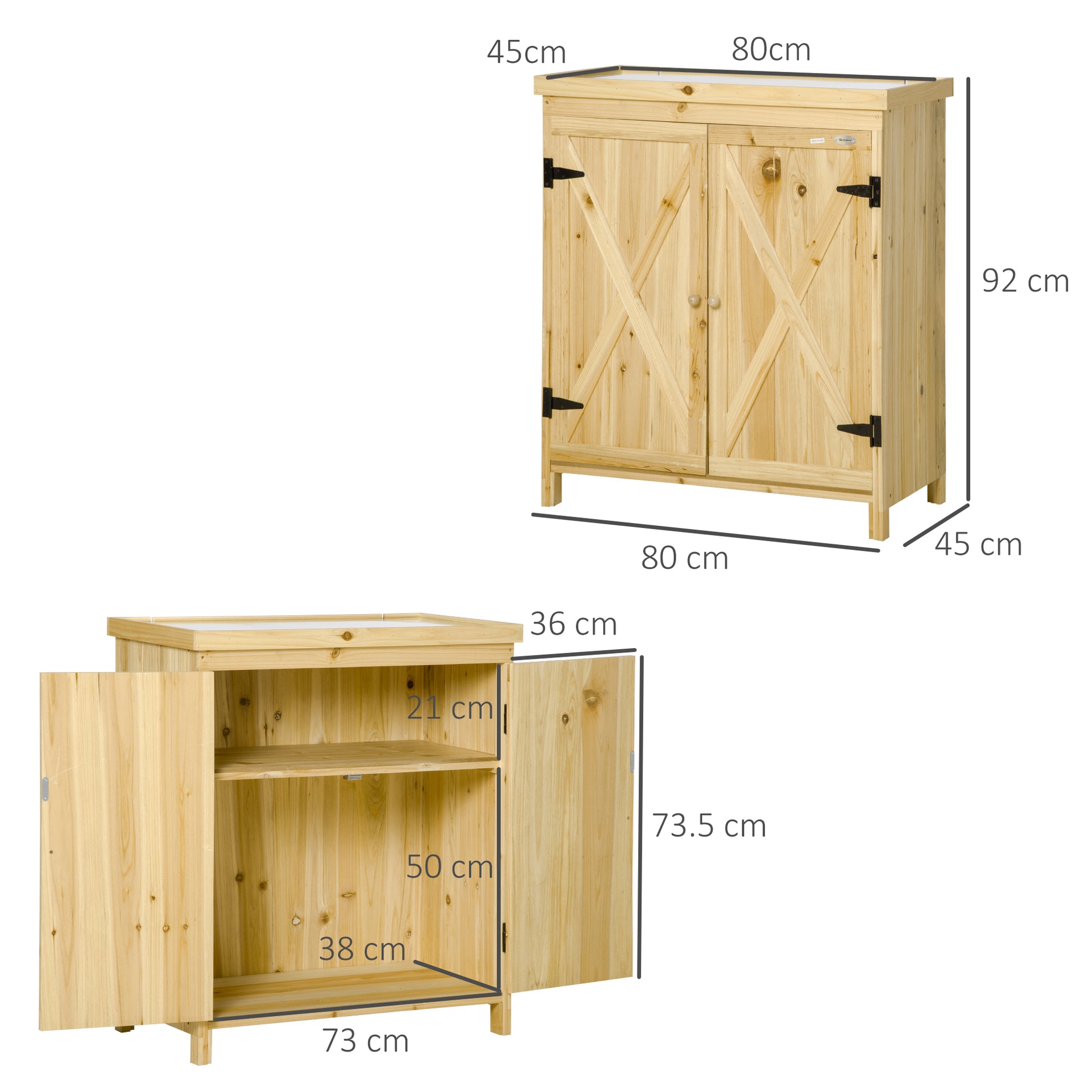 Garden Cabinet, Garden Storage Cabinet, with galvanized metal worktop double door shelf with handle solid wood raised feet 80 x 45 x 92 cm natural wood